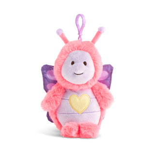 Plush toy with pink and purple butterfly costume on a white background