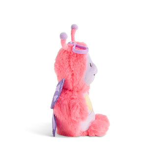 Pink plush toy with purple accents on a white background