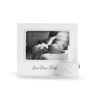 White photo frame with 'God Bless Baby' text and heart design on a white background