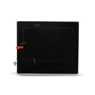 Black electronic device with a red button on a white background