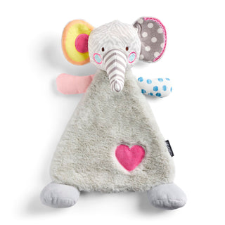 Plush elephant toy with colorful ears on a white background