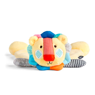 Colorful lion-shaped soft toy with a striped mane on a white background