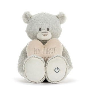 Plush teddy bear with a heart that says 'My First' on a white background