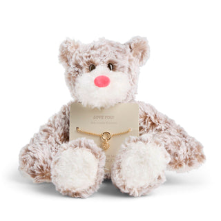 Plush teddy bear with a necklace on a white background