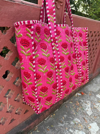Hot Pink Quilted Bag With Red Florals