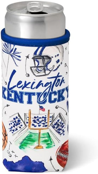 A can cooler sleeve featuring a white background with blue and multicolor hand-drawn illustrations of a football helmet, stadium, field, and the text 'Lexington Kentucky' in blue script and block lettering. The sleeve is shown on a silver aluminum can with a blue foam band.