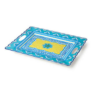 Decorative tray with blue border and yellow center on a white background