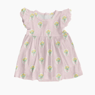 Pink dress with floral pattern on a white background