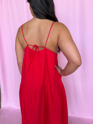 girl wearing a red dress