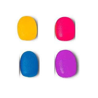 Four oval nail color swatches arranged in a 2x2 grid on a white background, showing yellow, hot pink, bright blue, and purple shades.