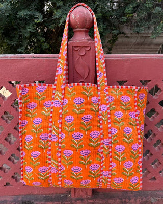 Orange Quilted Bag With Pink Floral