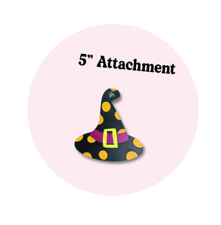 A small witch hat illustration with the text '5" Attachment' above it, centered inside a pale pink circle on a white background.