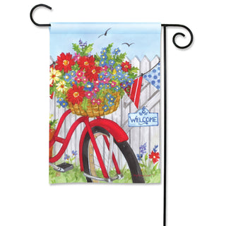 Decorative garden flag with a red bicycle, flower basket, and 'Welcome' sign on a white background.