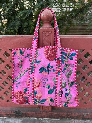 Pink Foliage Quilted Tote Bag