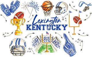 Watercolor-style sports graphic featuring football and basketball themes with the text 'Lexington Kentucky' in blue script and block lettering. Surrounding motifs include a gold trophy, footballs, helmets, a basketball in a net, a goalpost, a stadium scene, and blue foam gloves/fingers on a white background.