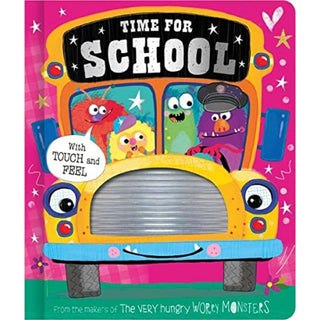 Book cover of 'Time for School' with a colorful school bus and monsters on a pink background.