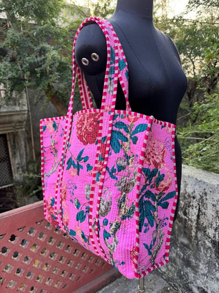 Pink Foliage Quilted Tote Bag