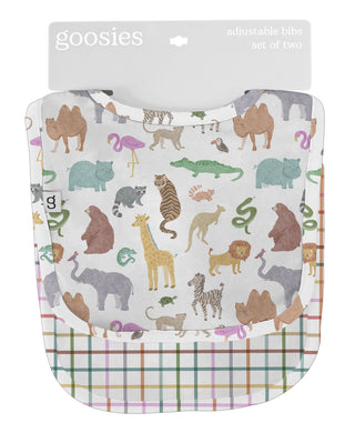 Baby bib with animal pattern and 'goosies' branding on a white background