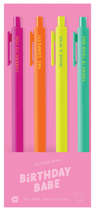 Set of four colorful pens in a pink packaging with text