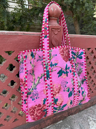 Pink Foliage Quilted Tote Bag