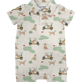 Baby romper with golf-themed pattern on a white background