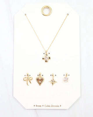 Flower, Bow, Heart Charm Necklace Set Gold