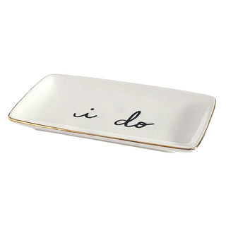 White rectangular dish with 'i do' text on a white background