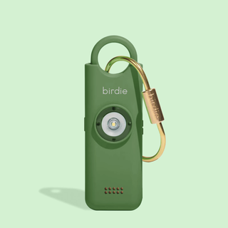 Green birdie device with a carabiner on a light green background