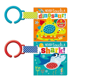 Children's book with 'Never touch a dinosaur!' and 'Never touch a shark!' text, featuring colorful illustrations of a dinosaur and shark.
