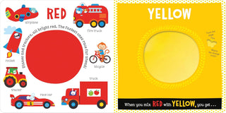 Color mixing chart with red and yellow circles and vehicle illustrations on a yellow background
