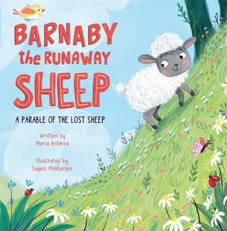 Book cover of 'Barnaby the Runaway Sheep' with a cartoon sheep on a hillside.