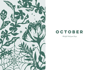 Decorative design with plants and 'October' text on a light gray background