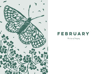 Butterfly and clover design with 'February' text on a light green background