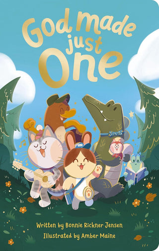 Book cover of 'God Made Just One' with cartoon animals in a forest setting.