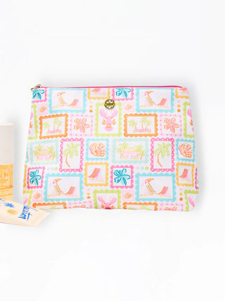 Colorful pouch with geometric pattern on a white background