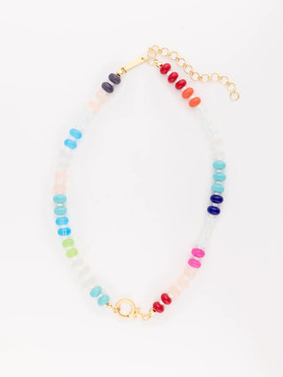 Necklace with multicolored beads on a white background