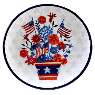 Decorative plate with American flags and flowers on a white background