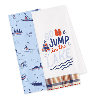 Two kitchen towels with lake-themed designs on a white background