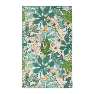 Floral and leaf patterned towel with green and beige colors on a white background