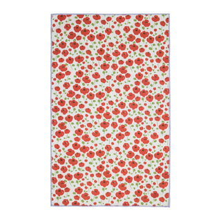 Towel with red floral pattern on a white background