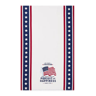 Towel with American flag design and text on a white background
