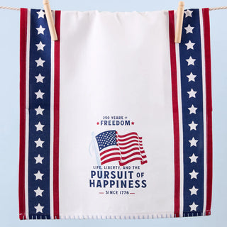 American flag-themed towel with text on a blue background