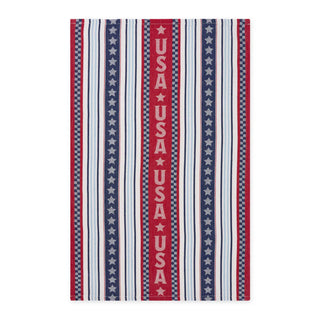 Striped fabric with stars and 'USA' text on a white background