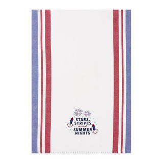 Striped towel with 'Stars & Stripes Summer Nights' text and fireworks design on a white background