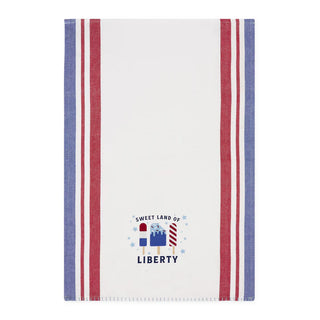 Striped towel with 'Sweet Land of Liberty' text and candy cane design on a white background