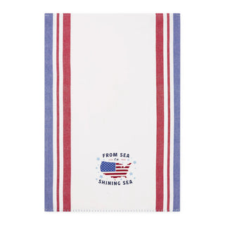 Towel with red, white, and blue stripes and an American flag graphic on a white background