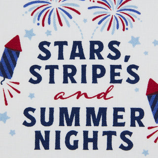 Text 'Stars, Stripes and Summer Nights' with fireworks on a white background
