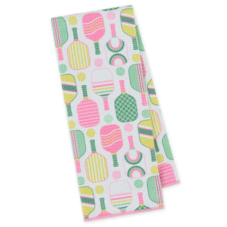 Colorful patterned towel with pink, green, and yellow shapes on a white background