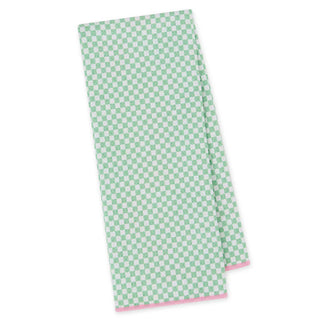 Green checkered towel with pink trim on a white background