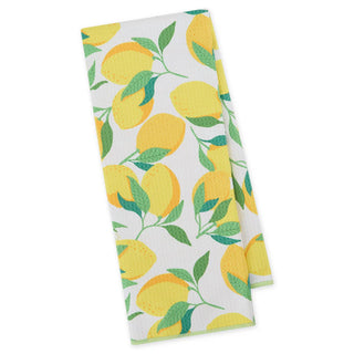 Kitchen towel with lemon pattern on a white background